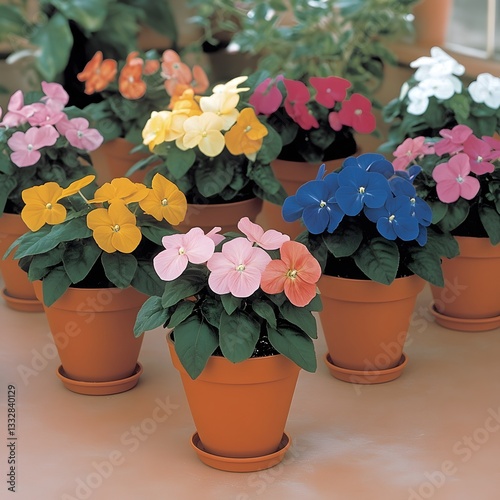 Vibrant Multicolored Wishbone Flowers in Terracotta Pots