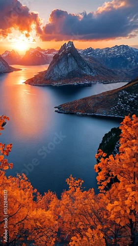 Stunning sunset over a tranquil fjord surrounded by autumn foliage