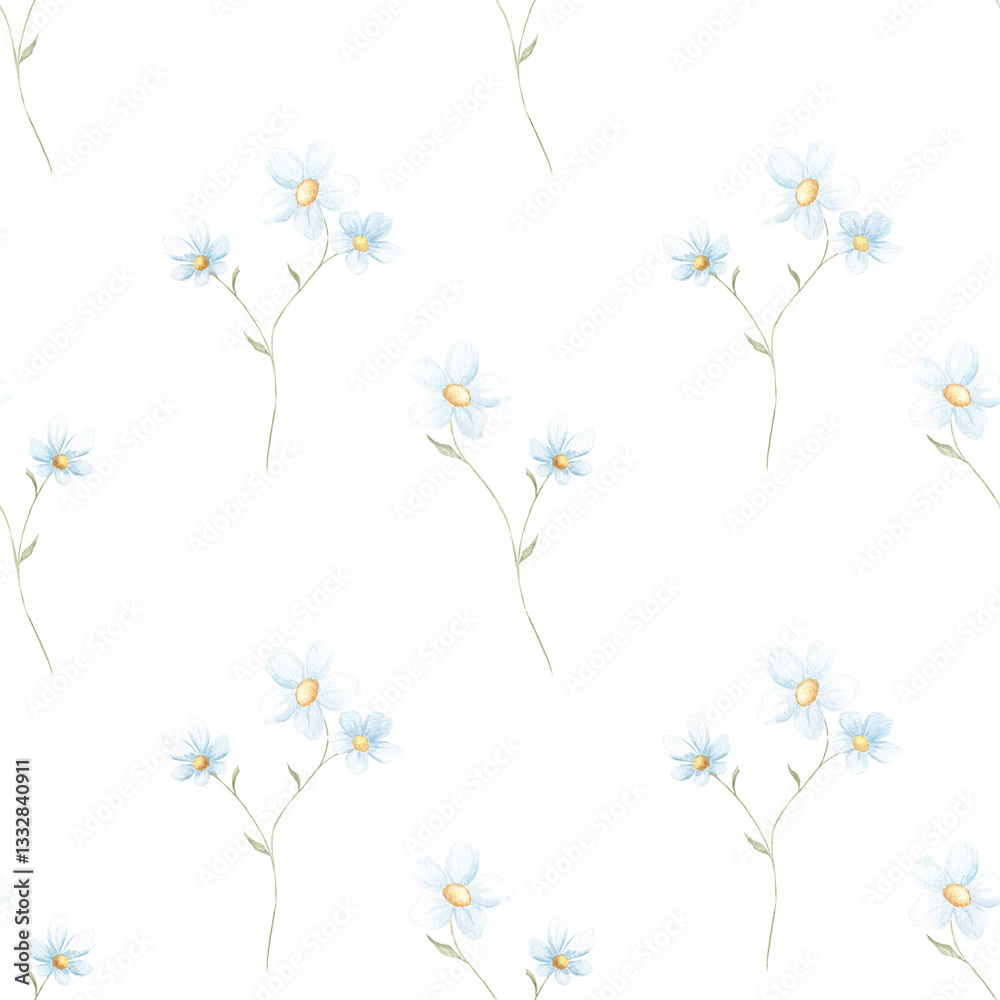Naklejka premium Spring seamless pattern, watercolor. Texture. Small spring flowers. Blooming. Summer. Pink, blue. Home textile, tablecloth. Print for fabric. Floral pattern.