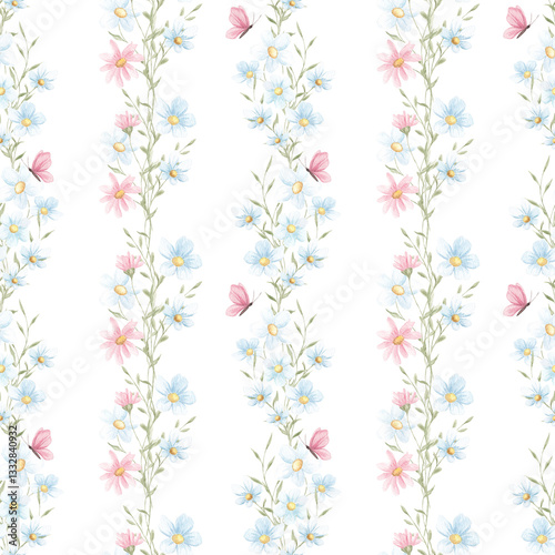 Spring seamless pattern, watercolor. Texture. Small spring flowers. Blooming. Summer. Pink, blue. Home textile, tablecloth. Print for fabric. Floral pattern.