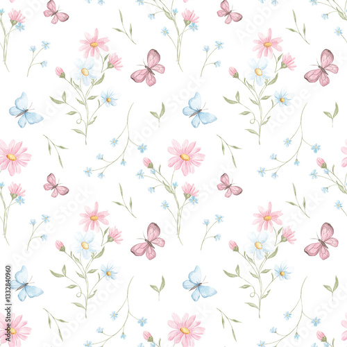 Wallpaper Mural Spring seamless pattern, watercolor. Texture. Small spring flowers. Blooming. Summer. Pink, blue. Home textile, tablecloth. Print for fabric. Floral pattern. Torontodigital.ca