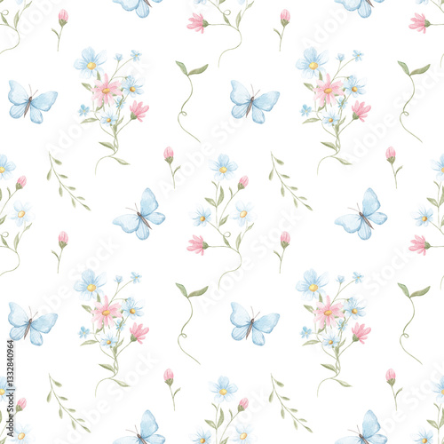 Wallpaper Mural Spring seamless pattern, watercolor. Texture. Small spring flowers. Blooming. Summer. Pink, blue. Home textile, tablecloth. Print for fabric. Floral pattern. Torontodigital.ca