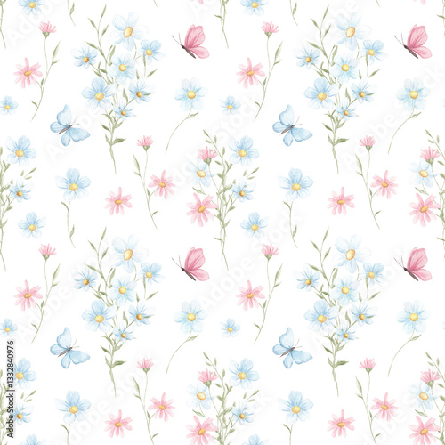 Spring seamless pattern, watercolor. Texture. Small spring flowers. Blooming. Summer. Pink, blue. Home textile, tablecloth. Print for fabric. Floral pattern.