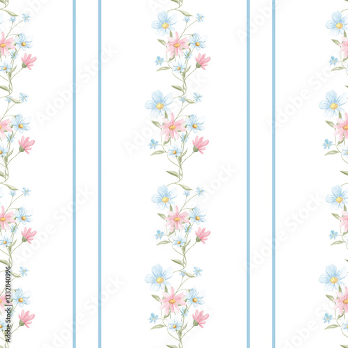 Wallpaper Mural Spring seamless pattern, watercolor. Texture. Small spring flowers. Blooming. Summer. Pink, blue. Home textile, tablecloth. Print for fabric. Floral pattern. Torontodigital.ca