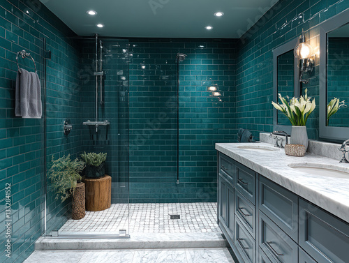 Elegant Modern Bathroom with Glass Shower and Dark Green Subway Tiles  
