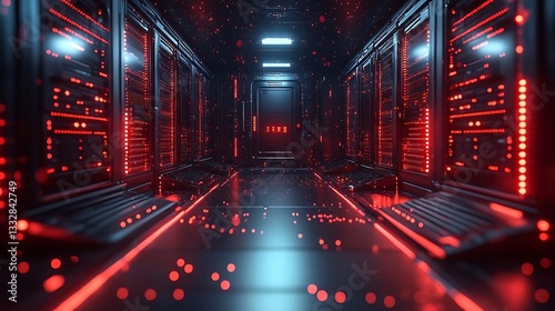 a futuristic server room with a red and blue color scheme