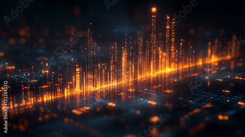 abstract visualization of a digital city with vibrant orange lights, representing data and technology, cityscape. 