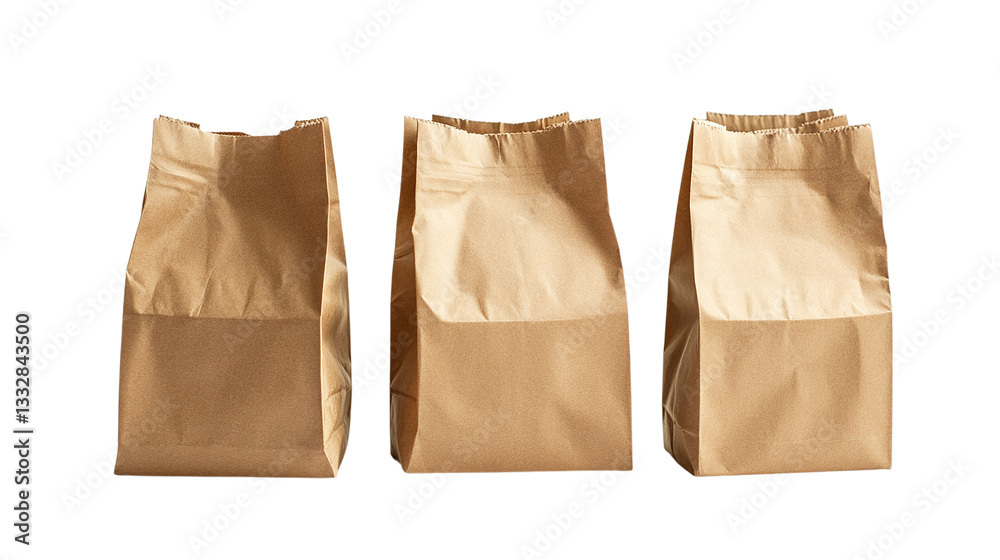 Identical brown paper bags, cut out. Isolated on a transparent background. Identical brown paper bags, cut out. Isolated on a transparent background.