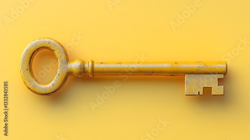 a golden key lies on a yellow surface, isolated and symbolizing access, opportunity, and security. The key's intricate design is highlighted by the lighting, emphasizing its value.