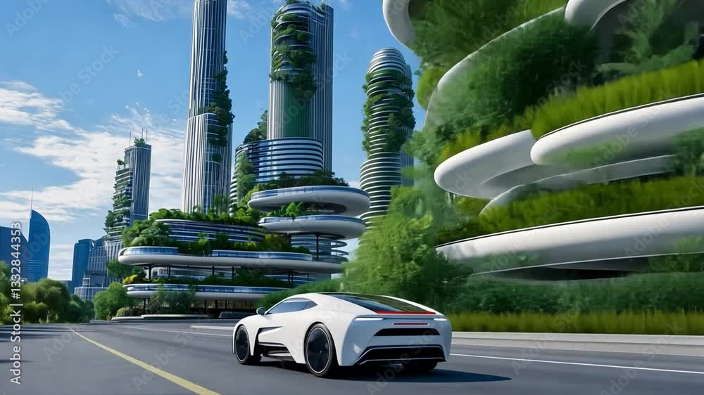 Futuristic electric car drives through a green city with innovative architecture on a sunny day