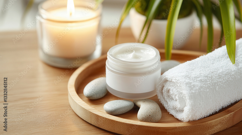 Soothing face cream on a wooden spa tray with stones, candle, and towel for relaxation and indulgence Soothing face cream on a wooden spa tray with stones, candle, and towel for relaxation and indulgence