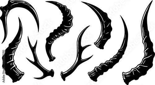 Cartoon graphic colorful detailed big sharp spiral animal horns or antlers. Hunting trophy. Isolated on white background. Vector icon set.
