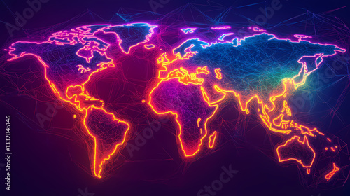 Fototapeta Naklejka Na Ścianę i Meble -  Vibrant neon world map showcasing intricate global mineral distribution and underground veins. Underground Veins. Illustration