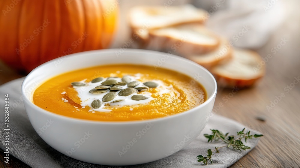 Creamy pumpkin soup with pumpkin seeds and bread for a cozy autumn meal on a rustic wooden table