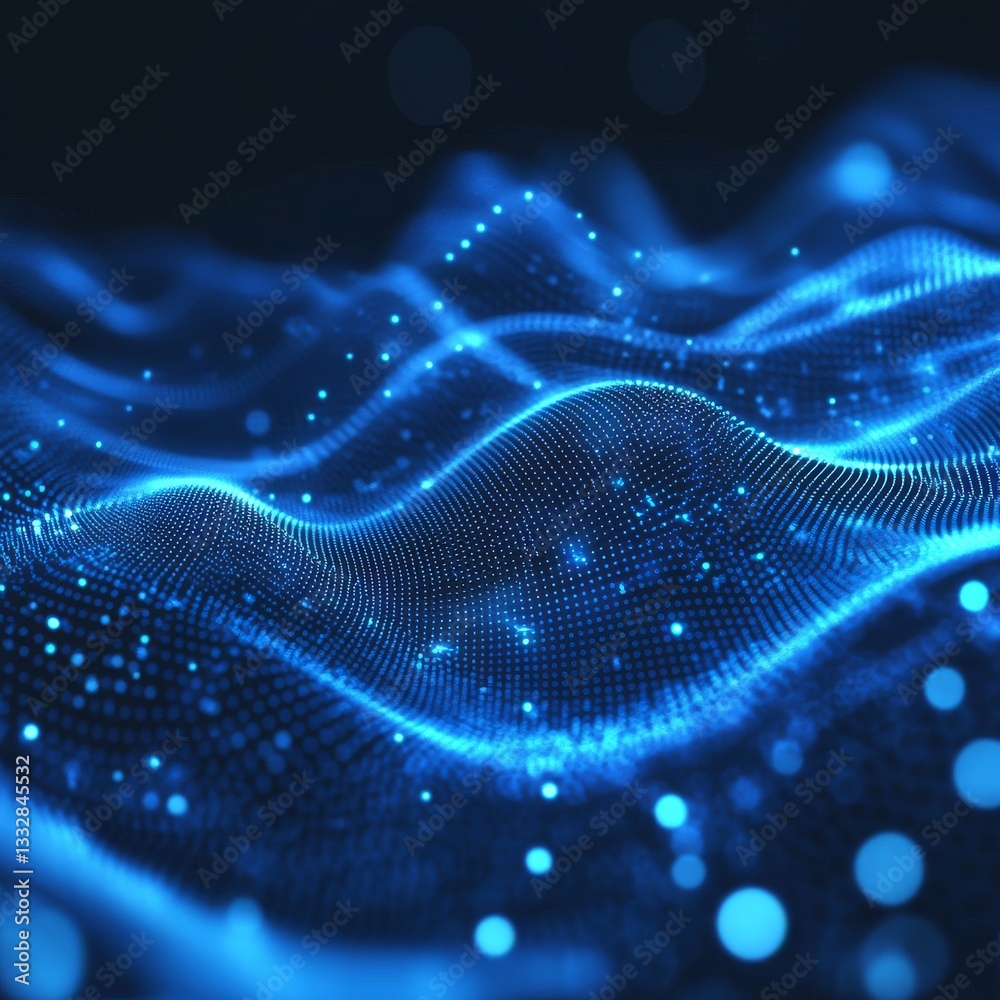 Abstract Blue Digital Wave: Data Visualization with Glowing Particles and Network Connection