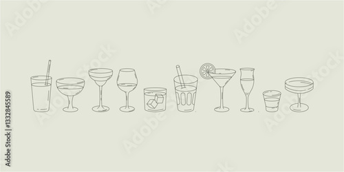 Minimalist line art illustration of various drink glasses, including cocktail, wine, whiskey, and champagne glasses. Elegant and modern design, perfect for menus, branding, and decor.