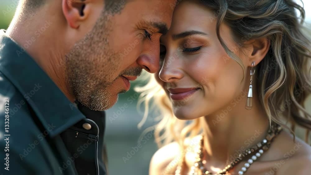 Romantic Couple Embracing, Foreheads Touching, Love and Connection Concept. 4K Close-up Video, Intimacy, Tenderness, Relationship, Wedding Day.