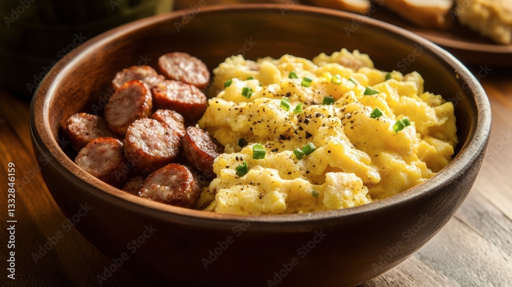 A breakfast bowl filled with scrambled eggs, sausage, and hash browns A breakfast bowl filled with scrambled eggs, sausage, and hash browns