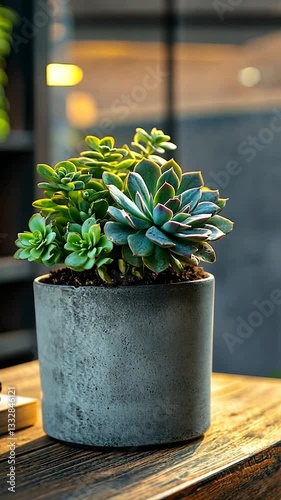 Succulent plant in a modern concrete pot on a wooden table indoors