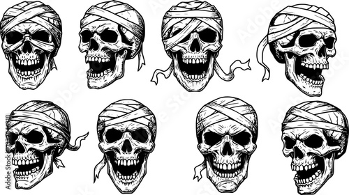 Graphic detailed realistic black and white scary egyptian mummy skulls with eyes, teeth and bandage. Isolated on white background. Vector icon set.
