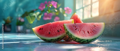 Fresh Sliced Watermelon on Bright Surface with Flower Background, Summer Still Life for Healthy Eating and Natural Refreshment.