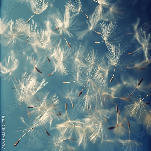 Drifting Dreams: A Whimsical Dance of Dandelion Seeds Against a Serene Blue Sky Canvas
