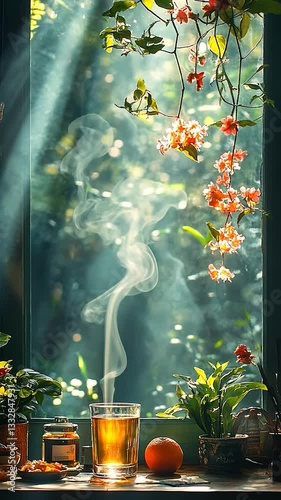 Sunlight filtering through flowers and smoke in a tranquil indoor setting