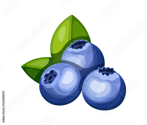 A bunch of ripe blueberries in cartoon style. Vector illustration of a group of blueberries, a branch with berries, green leaves, isolated on a white background. Healthy snacks. Vitamin berries.