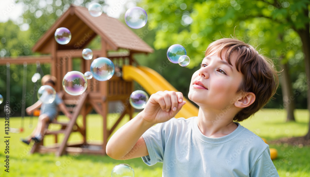 Boy blowing bubbles in playground with swing set Boy blowing bubbles in playground with swing set