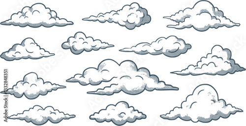 Set of clouds in hand drawn vintage retro style isolated on white background. Cartoon design elements. Vector illustration.
