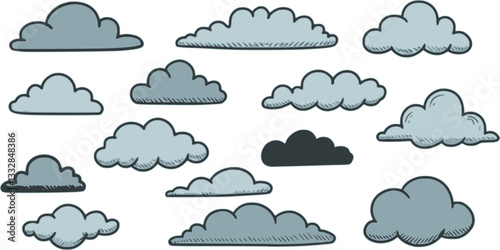 Set of clouds in hand drawn vintage retro style isolated on white background. Cartoon design elements. Vector illustration.
