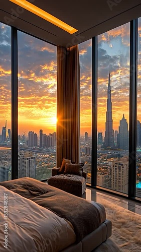 Sunset view from a luxury bedroom overlooking a city skyline