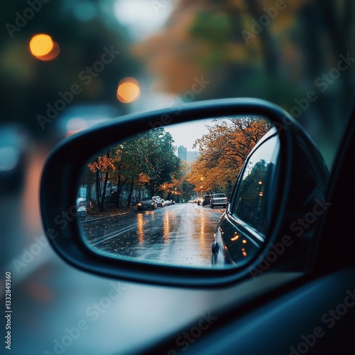 Reflections of Autumn: A Drive Through a Rainy City Street Seen Through the Car's Rearview Mirror