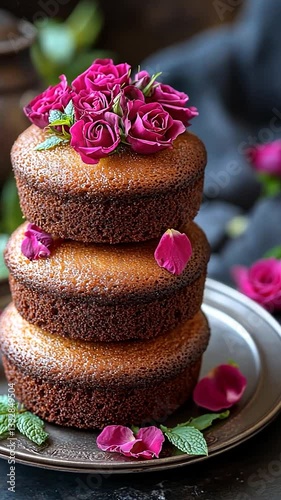 Three-tiered cake adorned with vibrant rose petals on a rustic table