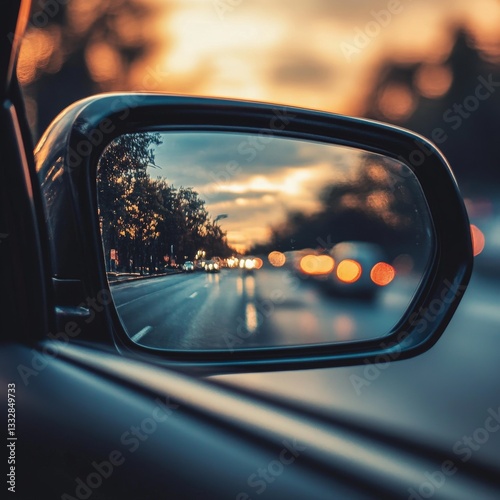 Sunset Reflection: A mesmerizing view of city lights in a car's side mirror during a golden sunset. 