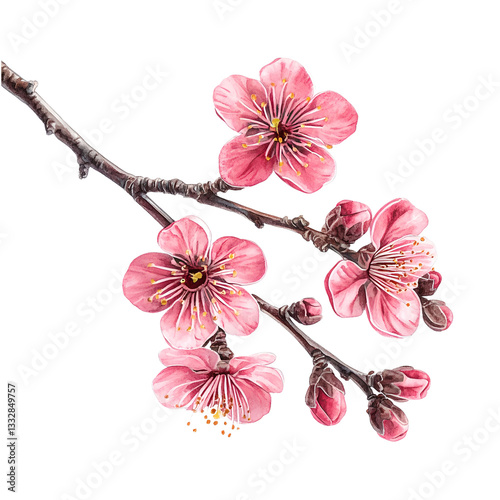 A branch of pink plum blossom in watercolor style, isolated on transparent background.