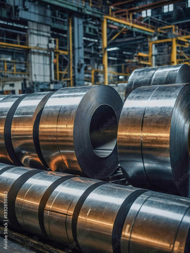 Close-up of metal rolls in a factory, reflecting the light in a manufacturing facility Close-up of metal rolls in a factory, reflecting the light in a manufacturing facility