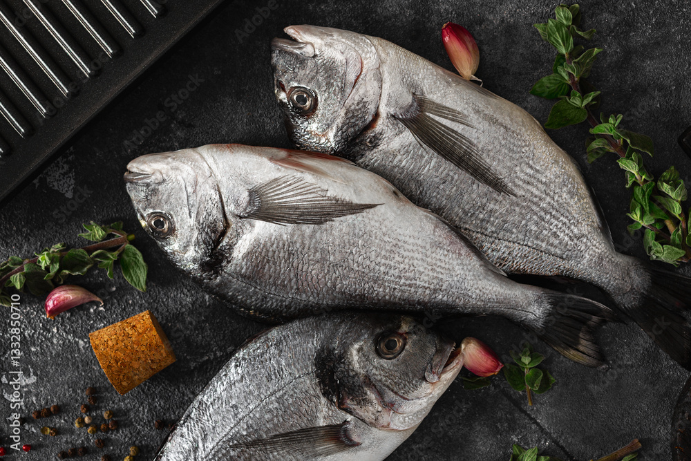 Top view of fresh raw dorado fish on a wooden cutting board with garlic, pepper, and olive oil. A healthy seafood for cooking food