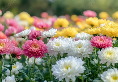 Vibrant Spring Blooming Flowers in a Colorful Field of Pink, White, and Yellow Chrysanthemums Under Bright Sunlight