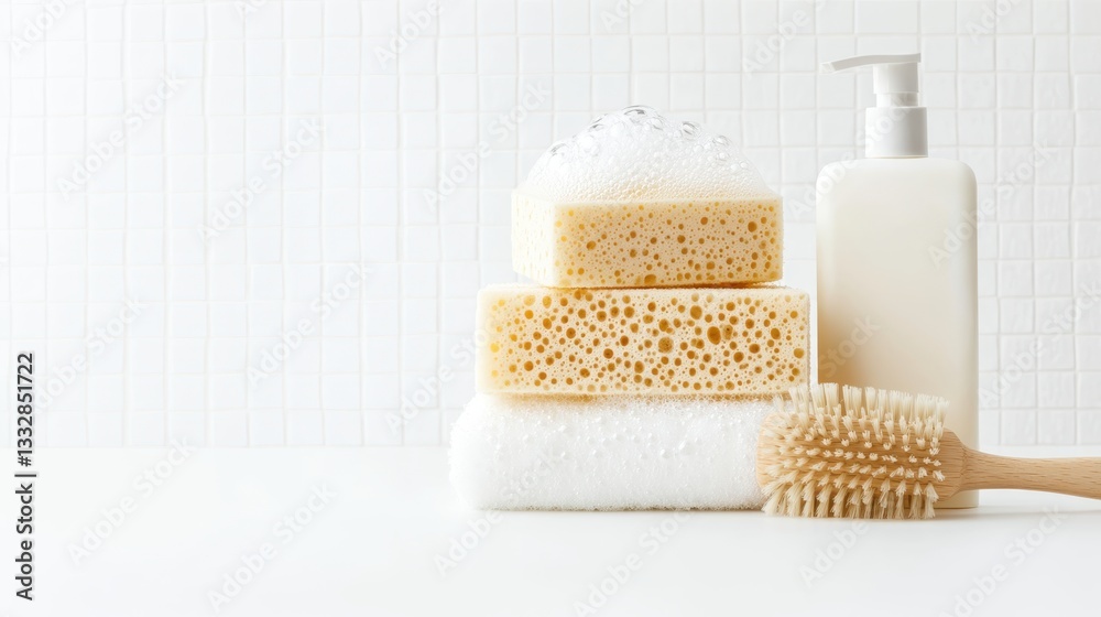 Natural bath sponges with sudsy lather resting on white towel, accompanying wooden brush and soap dispenser, presenting minimalist spa wellness setting Natural bath sponges with sudsy lather resting on white towel, accompanying wooden brush and soap dispenser, presenting minimalist spa wellness setting
