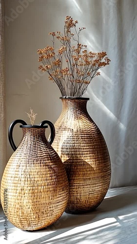 Two intricately woven vases with dried flowers, softly lit indoors