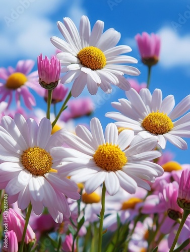 Vibrant Spring Flowers Blooming in a Colorful Garden with Bright Blue Sky and Fluffy White Clouds in the Background