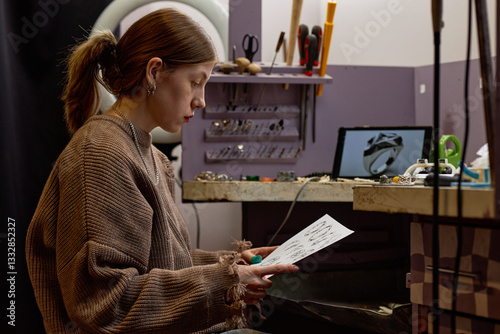Person immersed in creating technical designs in a modern workshop, using various tools and gadgets. Focused intensely on detailed work amid organized surroundings