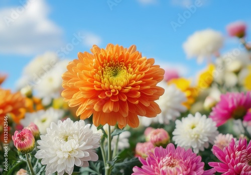 Vibrant Spring Garden with Colorful Chrysanthemum Flowers Against a Bright Blue Sky and Fluffy White Clouds
