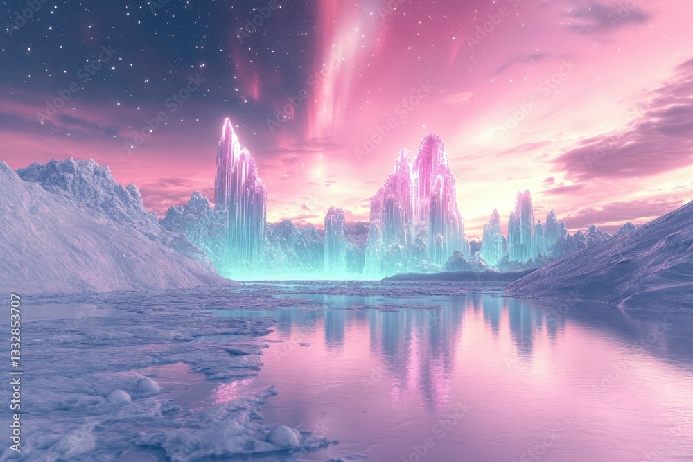 Glowing crystal structures rise from a frozen, alien landscape under a pink and purple sky.