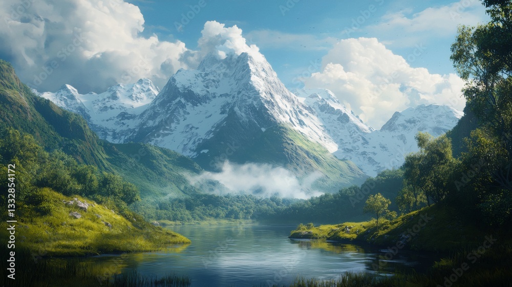 a painting of a mountain range with a lake in the foreground and clouds in the background a painting of a mountain range with a lake in the foreground and clouds in the background