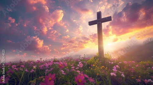 A wooden cross standing tall against the backdrop of an orange and purple sky