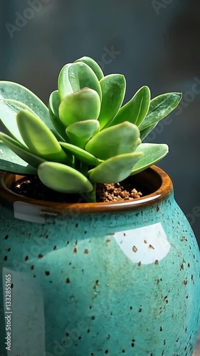 Vibrant teal ceramic pot with succulent plant against a dark background