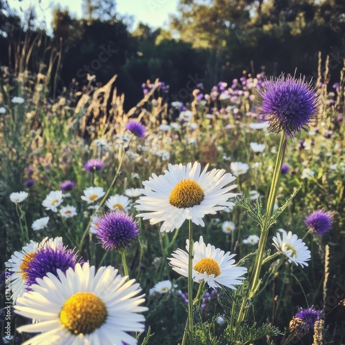Vibrant Wildflower Meadow Featuring Colorful Daisies and Thistles in a Serene Natural Setting Under Soft Golden Light