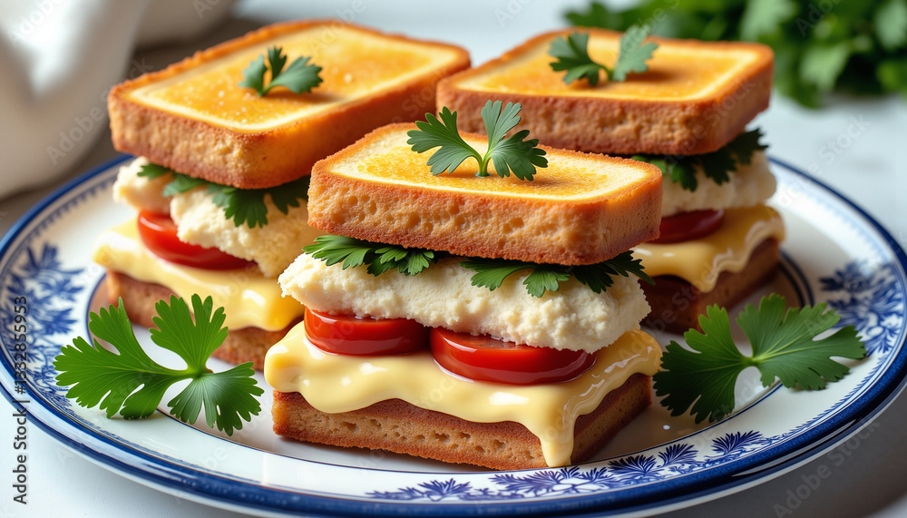 Tasty sandwich with cheese and tomatoes, garnished with parsley on a decorative plate Tasty sandwich with cheese and tomatoes, garnished with parsley on a decorative plate